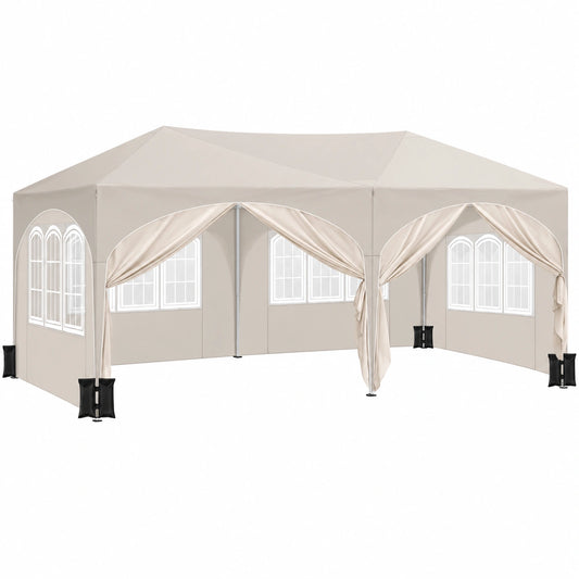 Gazebo da Giardino 3x6m Idrorepellente con Pannelli Laterali, Altezza Regolabile e Custodia, Beige