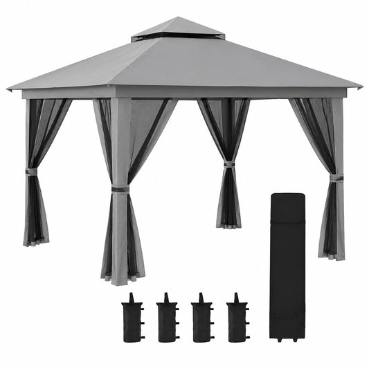 Gazebo Outsunny 4x4m Pieghevole, Altezza Regolabile, Metallo e Tessuto Anti-UV, con Zanzariera e Borsa, Grigio