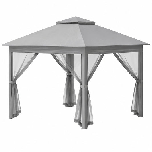 Gazebo Pop-up Outsunny 3.3x3.3 m con Zanzariere e Borsa, Regolabile in Altezza a 3 Livelli, Doppio Tetto, Pannelli Laterali, Struttura in Metallo e Oxford, Colore Grigio