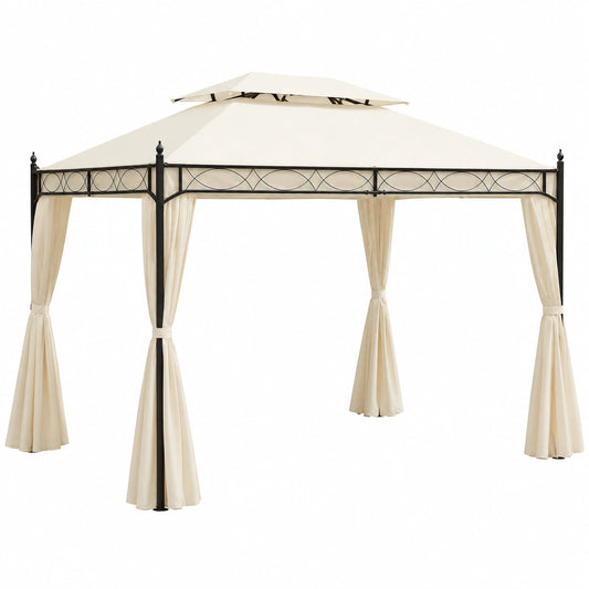 Gazebo da Giardino 3x4m in Acciaio con Tetto Doppio e Tende Laterali Color Crema - Outsunny