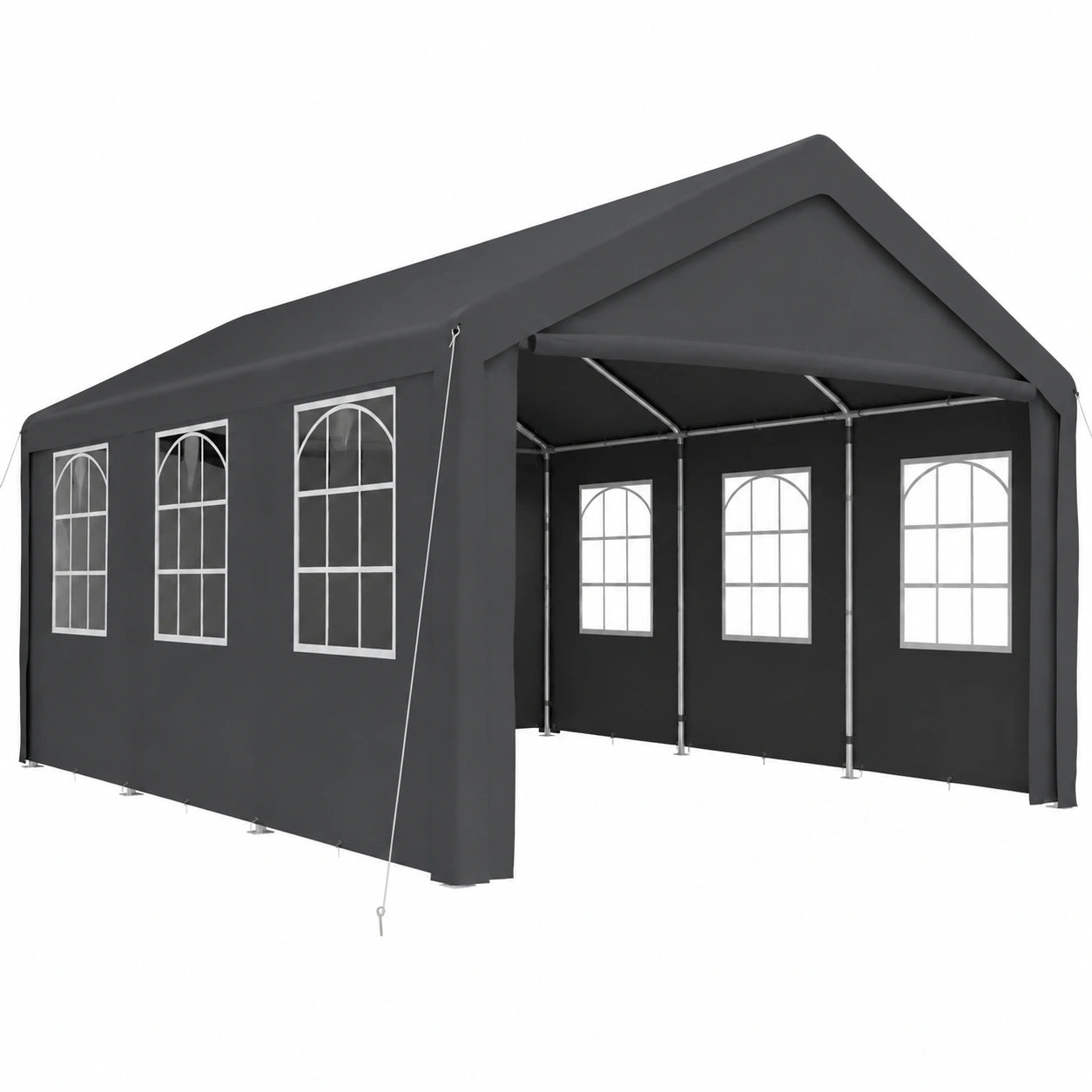 Gazebo da Giardino Autonomo 6x4m, Struttura in Acciaio, Tende con Finestre, Copertura per Tetto Grigia