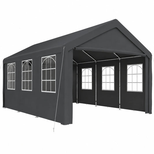 Gazebo da Giardino Autonomo 6x4m, Struttura in Acciaio, Tende con Finestre, Copertura per Tetto Grigia