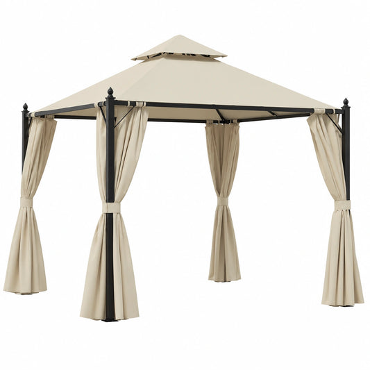 Gazebo da Giardino 3x3m con Tende Laterali e Tetto Doppio Beige