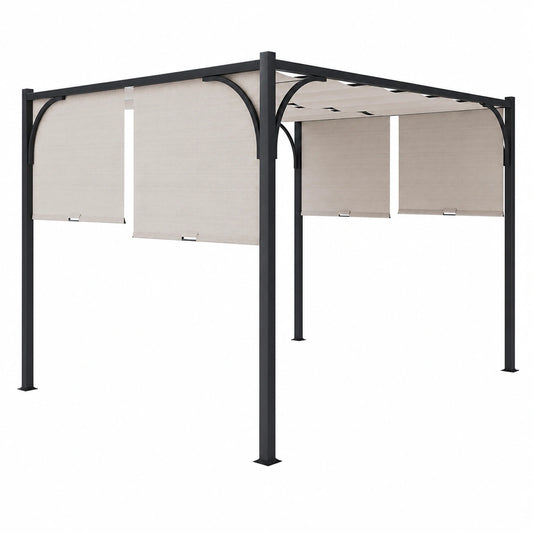Pergola 3x4m con Tetto Retrattile Beige Impermeabile in Acciaio Nero per Giardino e Terrazzo