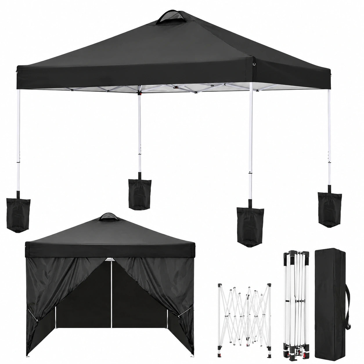Gazebo Pieghevole 3x3m COBIZI con Parti Laterali, Altezza Regolabile, Telo Impermeabile e Protezione UV 50+ (Nero)