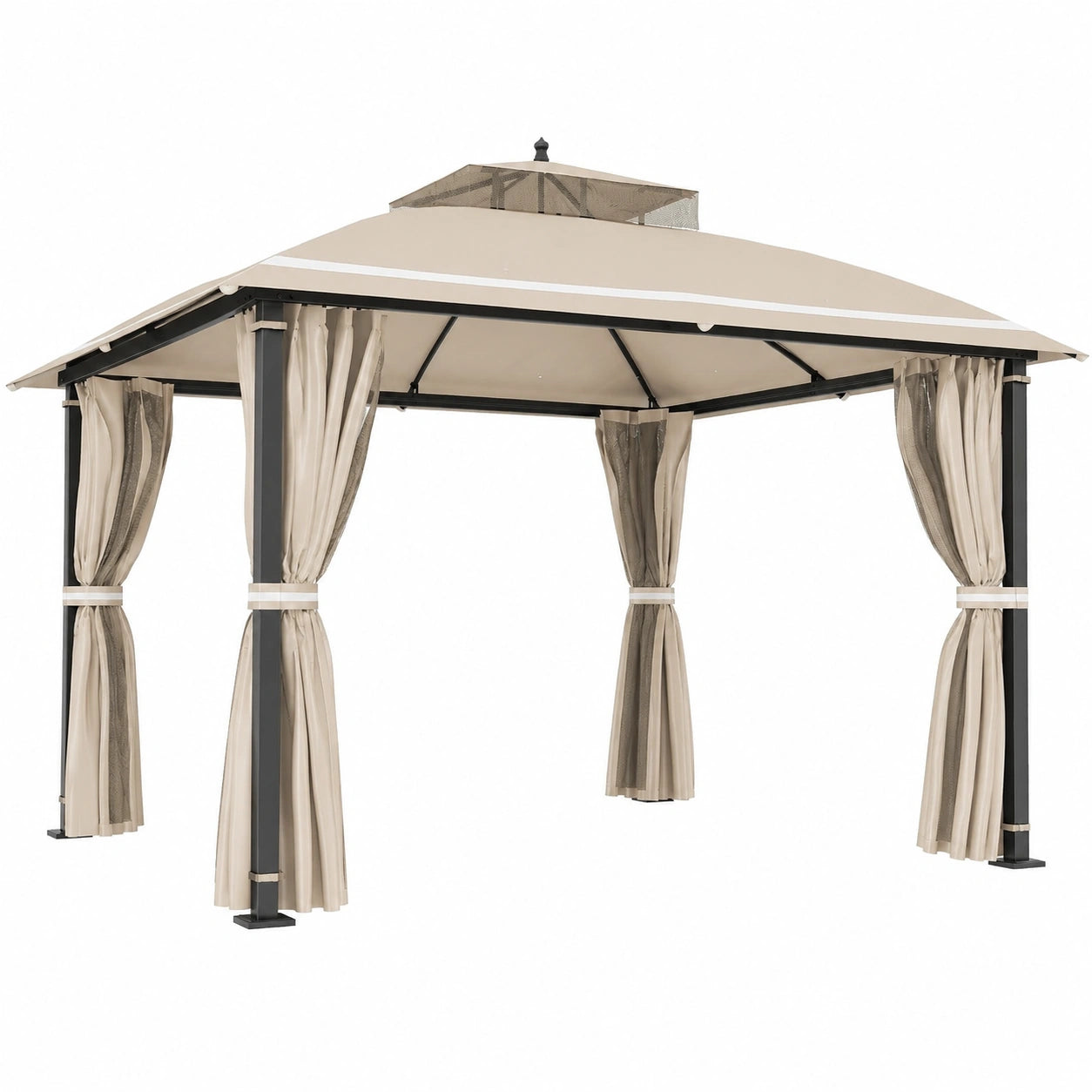 Gazebo in Metallo 3.7x3m con Zanzariere e Tetto Doppio, Fori di Drenaggio, Pareti Laterali, Beige